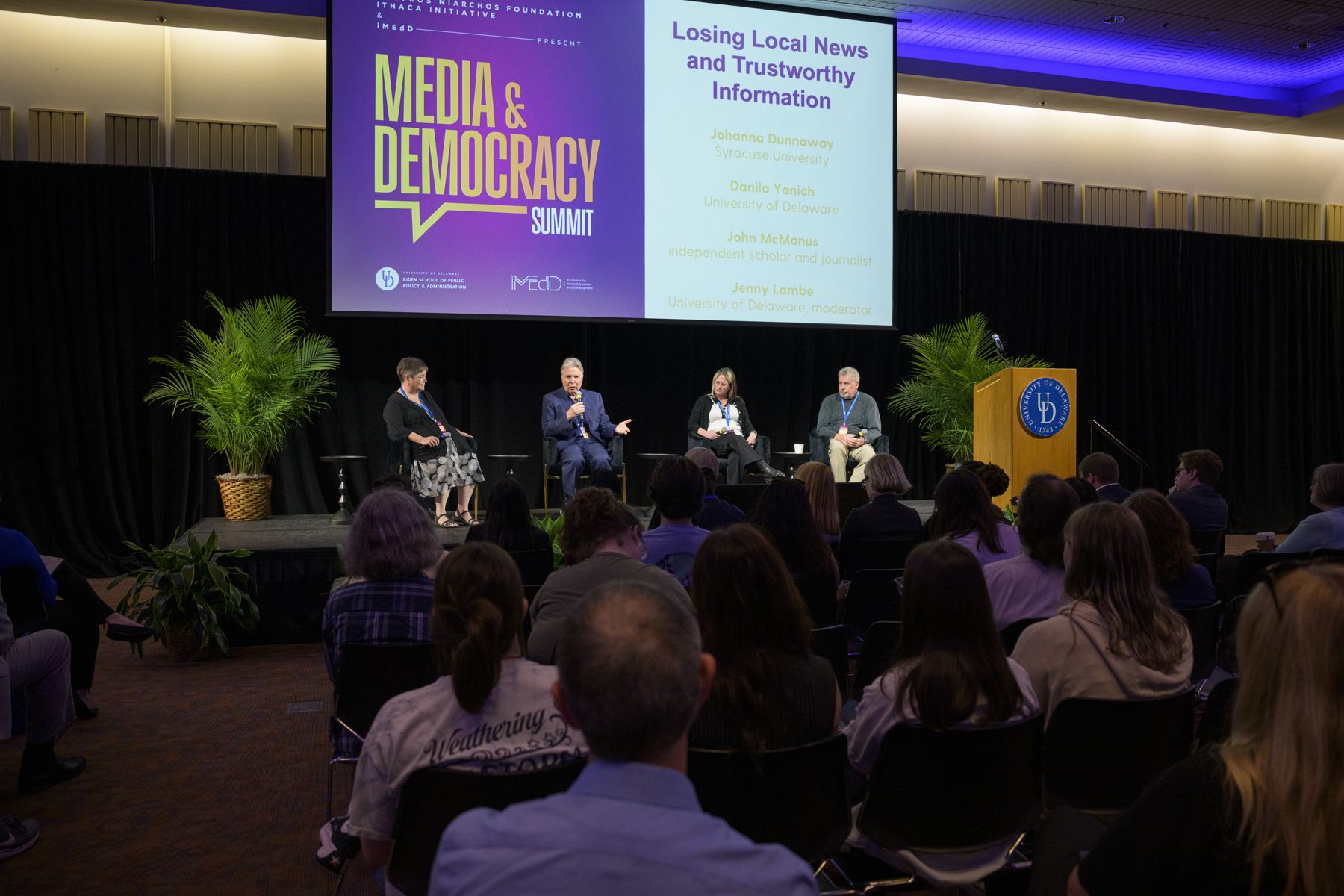 Johanna Dunaway speaking on a panel at the Media and Democracy Summit